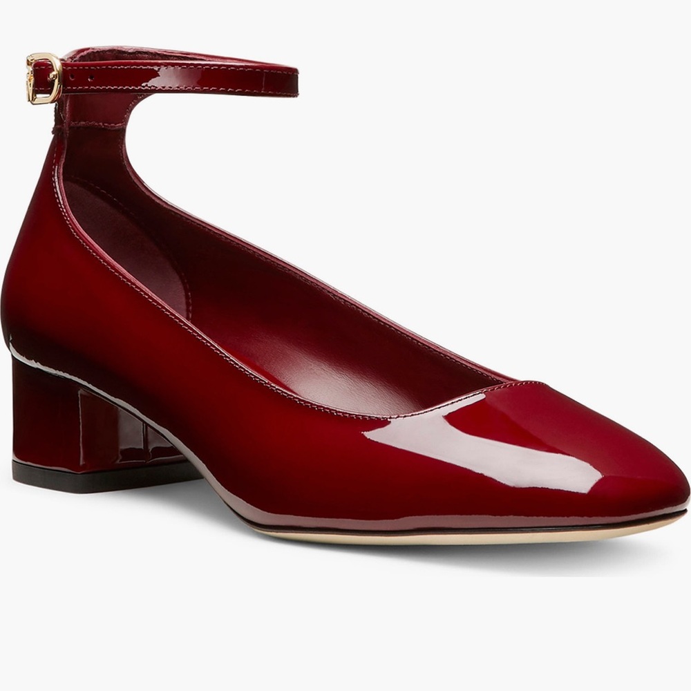 Stuart Weitzman Red Heels with Ankle Strap and Rounded Toe